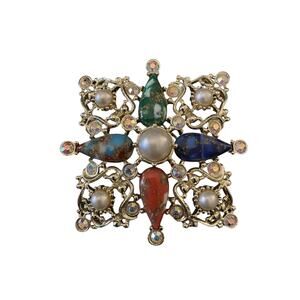 Sarah Coventry Vintage Cabochon Brooch Pin Pendant One stone missing on corner